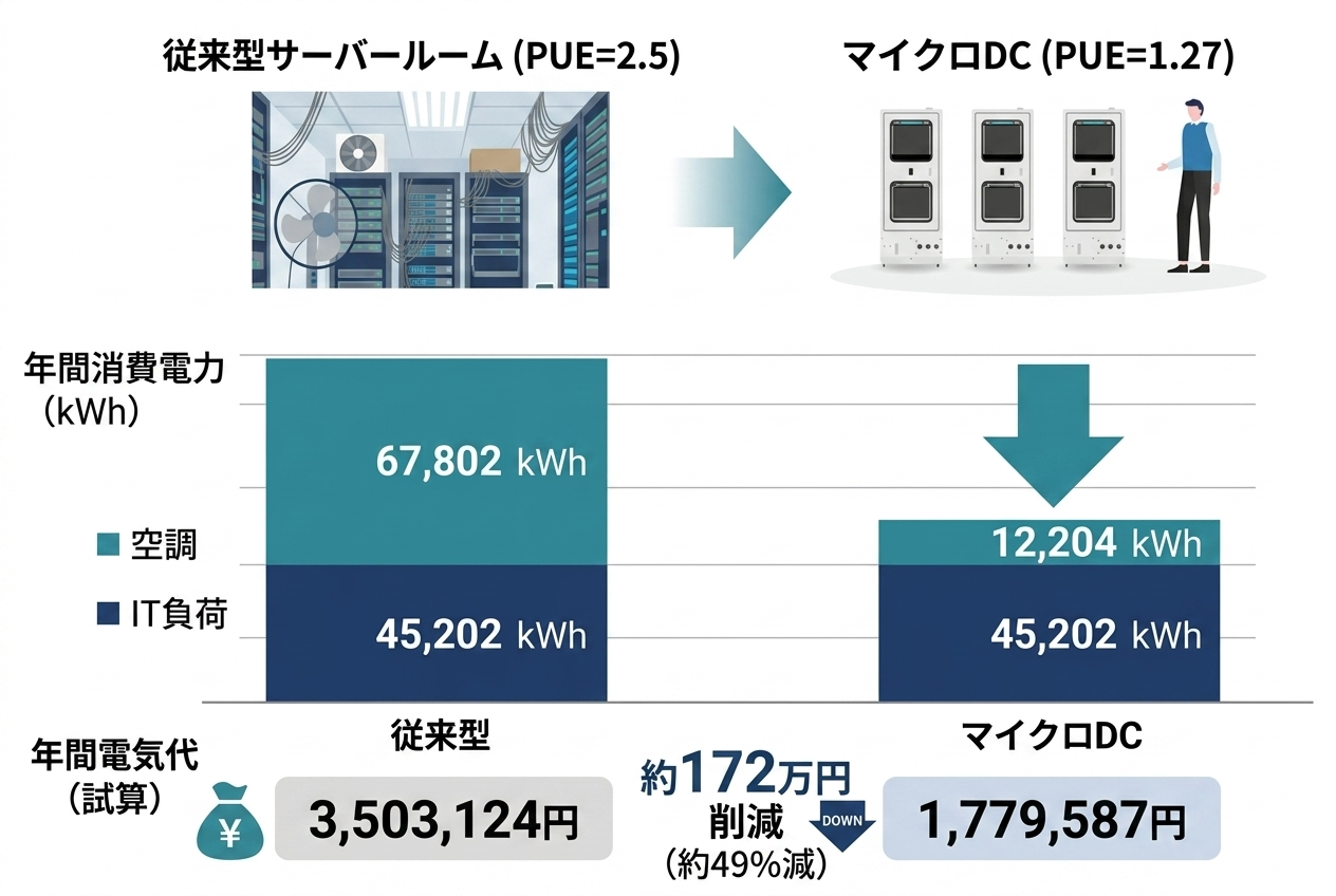 従来型サーバールームとマイクロデータセンターの年間消費電力・電気代比較