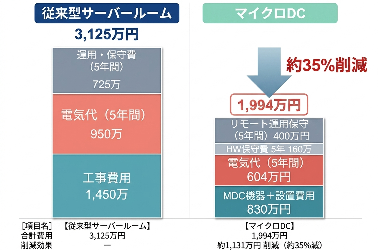 従来型サーバールームとマイクロデータセンターの5年間総費用比較